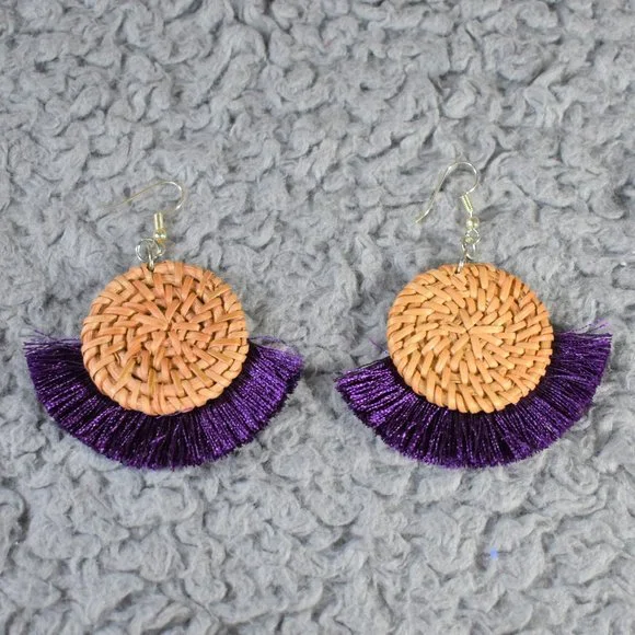 Boho Purple and Wicker Woven Earrings - Picture 2 of 7